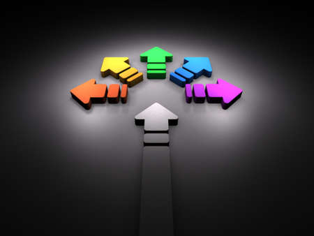 Iridescent choice. A turning point that is difficult to predict. Dark background. 3D illustration.の写真素材