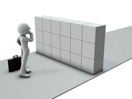 Businessman thinking in front of big obstacle. Abstract representing risk management. White background. 3D illustration.の写真素材