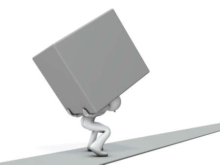 A person walking with a heavy burden. He is stressed. White background. 3D illustration.の写真素材