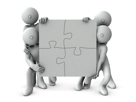 Four characters holding the puzzle pieces combined. It represents cooperation. White background. 3D...