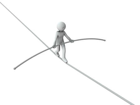 A character walking a tightrope. He is at high risk. White background. 3D illustration.の写真素材