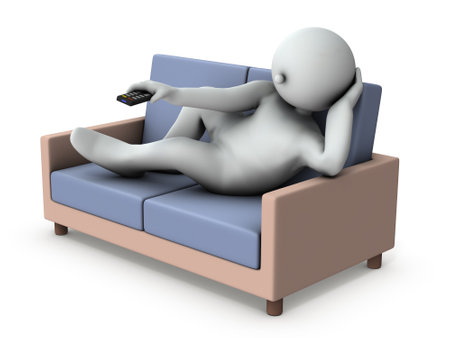 A fat man lying on the couch and zapping. He looks tired and lazy. White background. 3D rendering.の写真素材