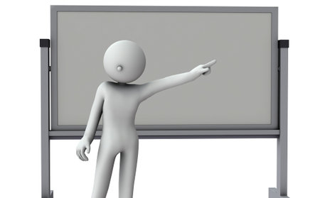 A lecturer who explains in front of the whiteboard. White background. 3D rendering.