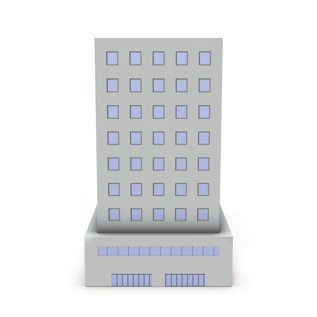 A miniature model of an office building. White background. 3D rendering.