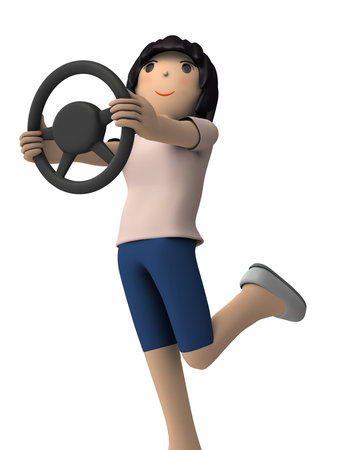 A young woman with short hair who enjoys driving. She has a white background. 3D rendering.の写真素材