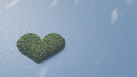 A heart shaped island covered with trees. Viewpoint from the sky. 3D rendering.の写真素材