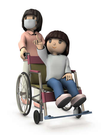 A girl in a wheelchair and a nurse pushing it. Recovery and hope. White background. 3D rendering.の写真素材