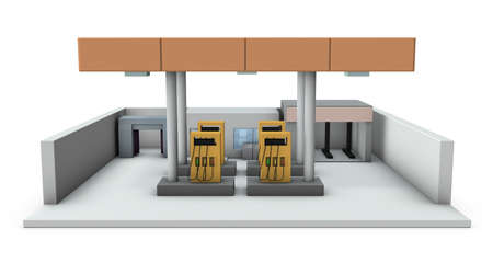 A miniature model of a gas station. White background. 3D rendering.の写真素材