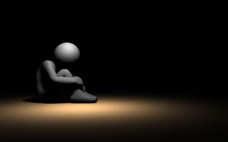 A person who endures loneliness. He shuts himself up in a dark room. 3D rendering.の写真素材