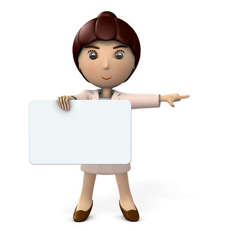 A young Japanese business woman with a big message board.

A young Japanese with big eyes wearing a pink suit and having her hair tied behind her.

She smiles and points to her right.

This is a scene to convey her guidance and message. 

 3D illustration. isolated on white.の写真素材