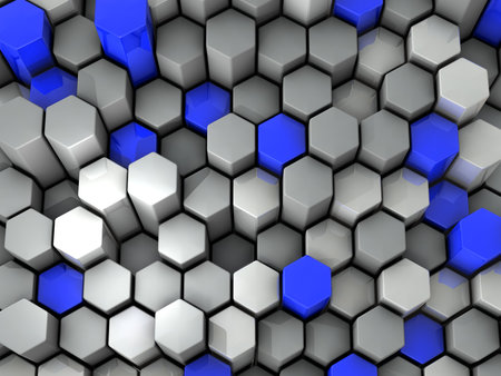 An organization where blue and gray hexagonal columns stand densely. Honeycomb structure with uneven...