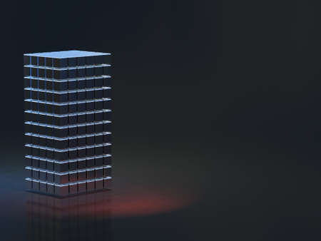 A collection of stacked blocks in a dimly lit space. It has a structure similar to the exterior of a building, with each block reflecting metallic light. It's a metaphor for the progress of a project and the structure of an organization. 3D rendering.の写真素材