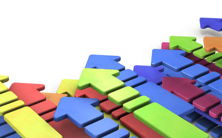 Many rainbow colored arrows rising toward the upper left. A symbol of hope and dreams. Each arrow moves forward while overlapping each other. 3D rendering. White background.の写真素材