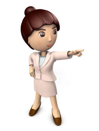 Full hope and ambition. A female business person pointing to the right side of the screen. She puts her right hand on her waist. Female Asian in a pink suit. She has big eyes and a confident smile. Whole body. 3D illustration. Isolated white background.の写真素材