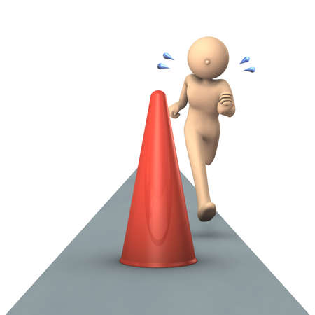 Turnaround point and big cone. A runner who runs while sweating. Hard running. A concept that represents a goal or a turnaround in life. White background. 3D illustration.の写真素材