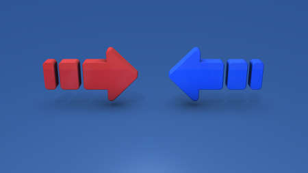 A pair of left and right arrows facing each other. An abstract concept that represents conflict and conflict. Hostility and tension. 3D rendering. Red and blue arrows. Blue background.の写真素材