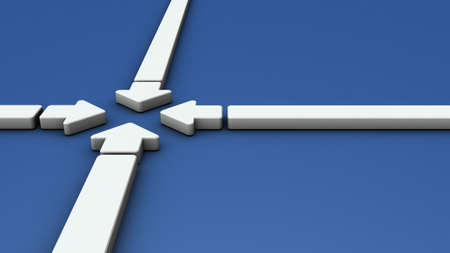 White arrows gathered from four sides. The concept of unity and cooperation. 3D rendering.の写真素材