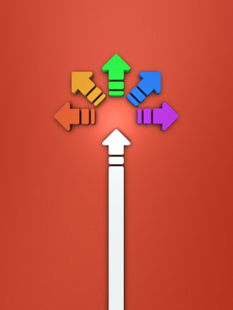 Colorful arrows that branch in the process of growth. An abstract concept representing a free choice full of diversity. turning point. 3D rendering.の写真素材