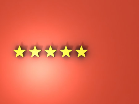 Five stars icon. Three golden stars on the red wall. High score and high rating symbol. 3D...