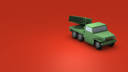 A fictional Russian style rocket launcher. Military truck with lots of rocket guns. A metaphor for...