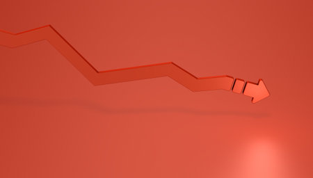 A line graph that descends overall through twists and turns. Deterioration and recession. Abstract concept representing descent or decline. hot red background. 3D rendering.の写真素材