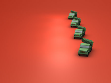 A fictitious old fashioned Russian rocket artillery. Older generation military vehicles in a row. Dangerous red background. 3D rendering.の写真素材
