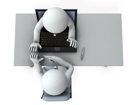 Two remote workers having a meeting at remote work. Momentum like leaning out of the display. high angle view. 3d rendering. white background.の写真素材