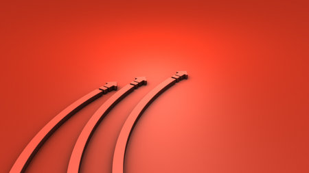 Three curved arrows pointing to the right. A metaphor for right leaning. hot red background. 3D rendering. concept illustration.の写真素材
