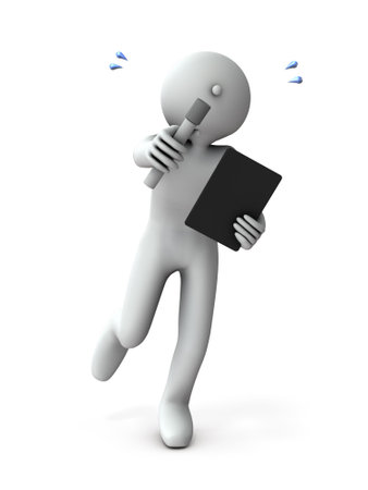 An enthusiastic reporter who chases after and interviews subjects. Point the microphone at the subject. 3d rendering. white background.の写真素材