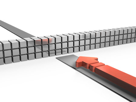 An abstract concept representing a stagnating project. A strong wall blocking the path. unexpected accident. 3D rendering. white background.の写真素材