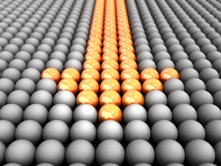 Gray balls are arranged in an orderly manner in the space. In it, a glowing orange arrow approaches you. An abstract concept representing response, approach and tension. 3D rendering.の写真素材