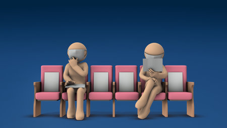 Two patients maintaining social distance in the waiting room. Patience and disgust. An abstract concept that expresses a sense of blockage and inconvenience. cool blue background. 3D rendering.の写真素材