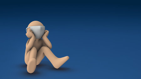 A person wearing a mask sitting and daydreaming. He feels confined and lame. imagination and dream. fantasies and delusions. Abstract concept representing escapism. cool blue background. 3D rendering.の写真素材