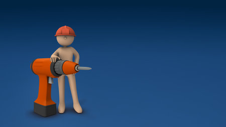 An exaggerated large electric screwdriver. Guts and potential. industry and technology. Abstract concept representing a trusted engineer. cool blue background. 3D rendering.の写真素材