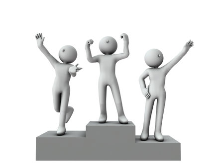 Three people waving on the podium. joy and excitement. achievement and victory. Honor given to the top three. white background. 3D rendering.の写真素材
