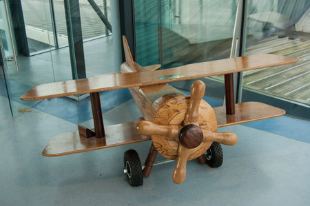 Toy of wood with airplane structure to decorate the airport hall in front side