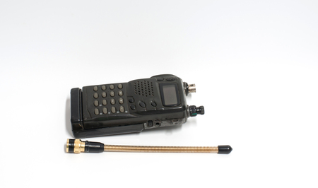 Old portable radio set on white background.の写真素材