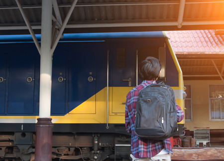 Man in train station waiting to travel,selective focus.の写真素材