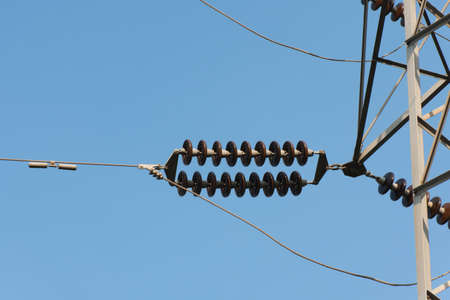 High voltage pole at sunset,selective focus.の写真素材