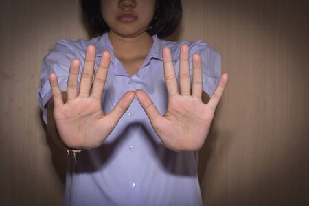 Girl show hand,selective focus.の写真素材