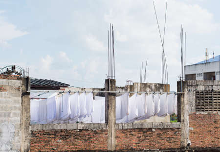 White towel drying on line,outdoorの写真素材