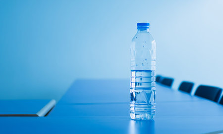 Drinking water bottle in meeting room, selective focus.の写真素材