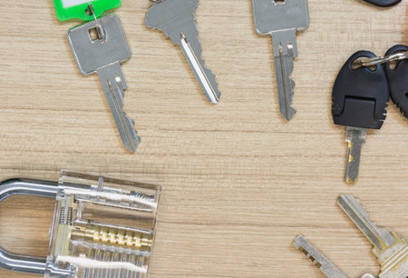 Key on wooden table with copy space.