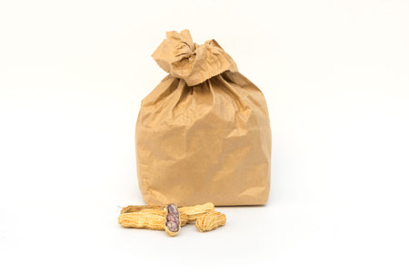 Peanut in brown paper bag on white background.