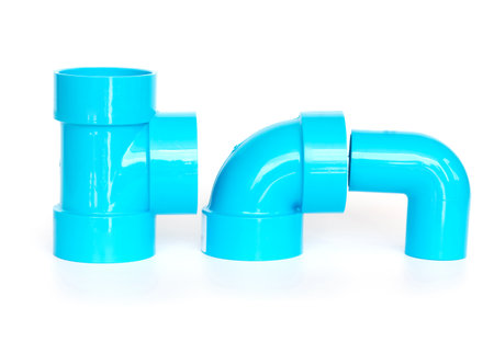 PVC pipe fitting connection on white background.の写真素材