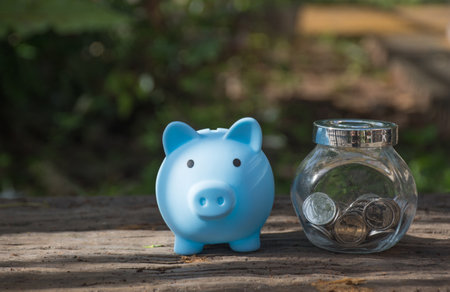 Coin and piggy bank on wooden table,save money concept,soft focus.の写真素材