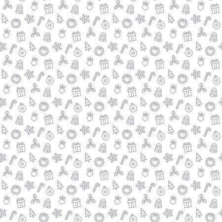 Christmas elements like holly, candy cane,  ball, wreath design in repetitive, borderless pattern, black and white illustration.のイラスト素材