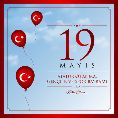 19 mayis Ataturk memorial, youth and sport holiday vector illustration. Translation: 19 May, Commemoration of Ataturk, Youth and Sports Day Turkey celebration card.のイラスト素材