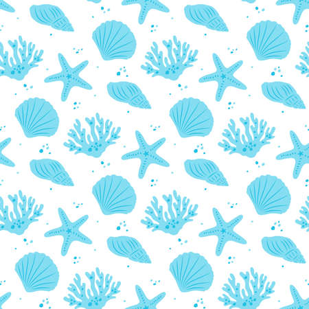 seamless seamless sea star, starfish, seashell, seaweed pattern and background vector illustrationのイラスト素材