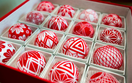 Temari balls are a folk art form that originated in China and was introduced to Japan around the 7th century A.D. "Temari" means "hand ball" in Japanese. Embroidered balls may be used in handball games.のeditorial素材